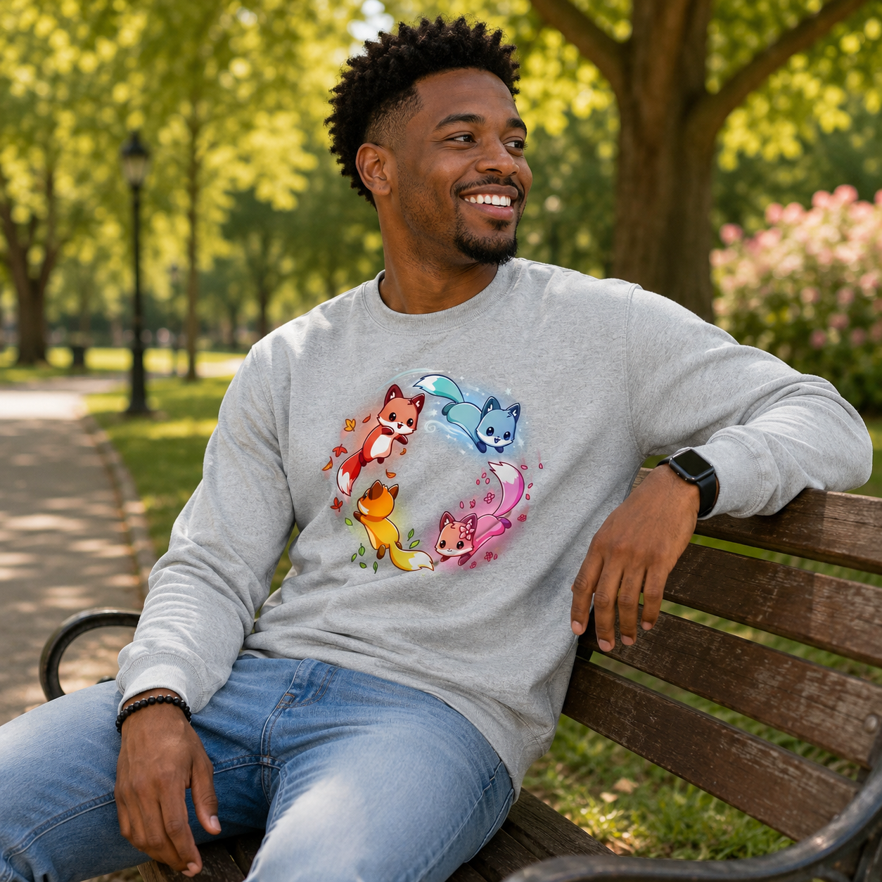Crew Neck Sweatshirt_TeeTurtle heather gray Seasonal Foxes apparel featuring a pink spring fox, gold summer fox, orange autumn fox, and blue winter fox chasing each other in a circle.