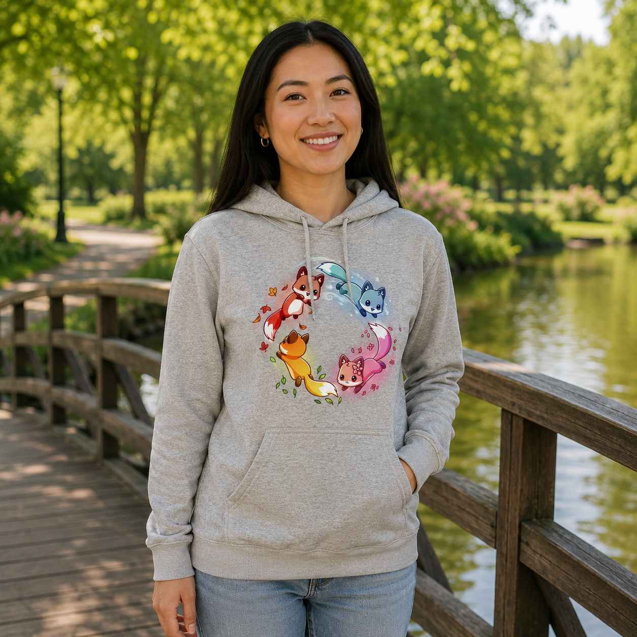 Pullover Hoodie_TeeTurtle heather gray Seasonal Foxes apparel featuring a pink spring fox, gold summer fox, orange autumn fox, and blue winter fox chasing each other in a circle.