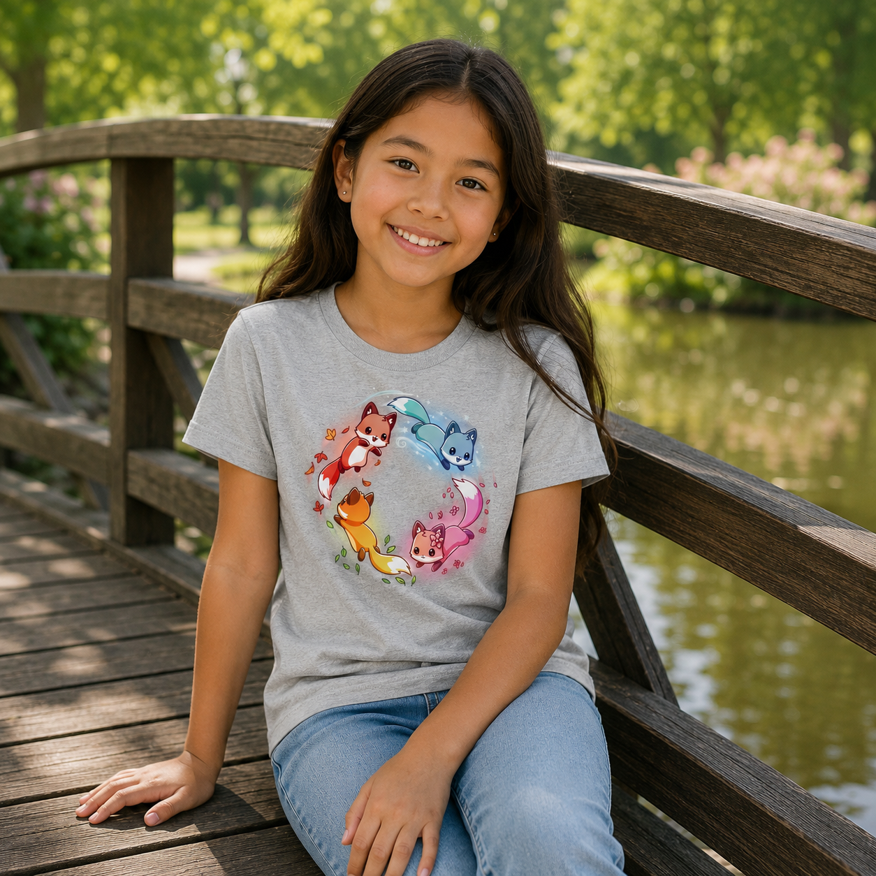 Premium Cotton T-shirt_TeeTurtle silver gray Seasonal Foxes apparel featuring a pink spring fox, gold summer fox, orange autumn fox, and blue winter fox chasing each other in a circle.