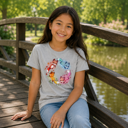 Premium Cotton T-shirt_TeeTurtle silver gray Seasonal Foxes apparel featuring a pink spring fox, gold summer fox, orange autumn fox, and blue winter fox chasing each other in a circle.