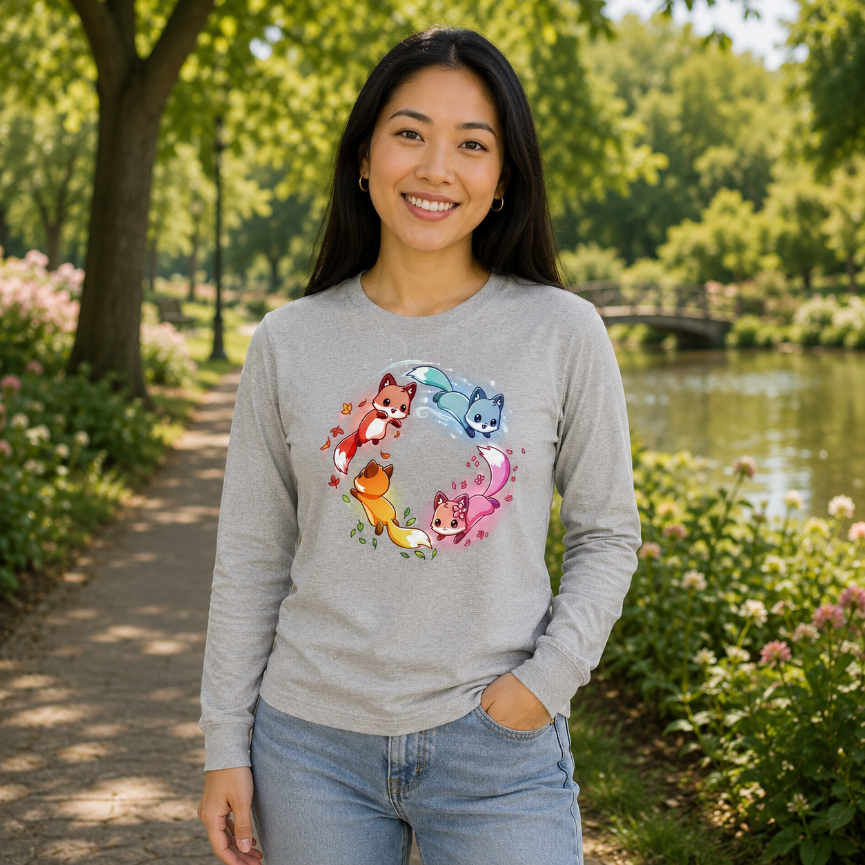 Long Sleeve T-shirt_TeeTurtle heather gray Seasonal Foxes apparel featuring a pink spring fox, gold summer fox, orange autumn fox, and blue winter fox chasing each other in a circle.