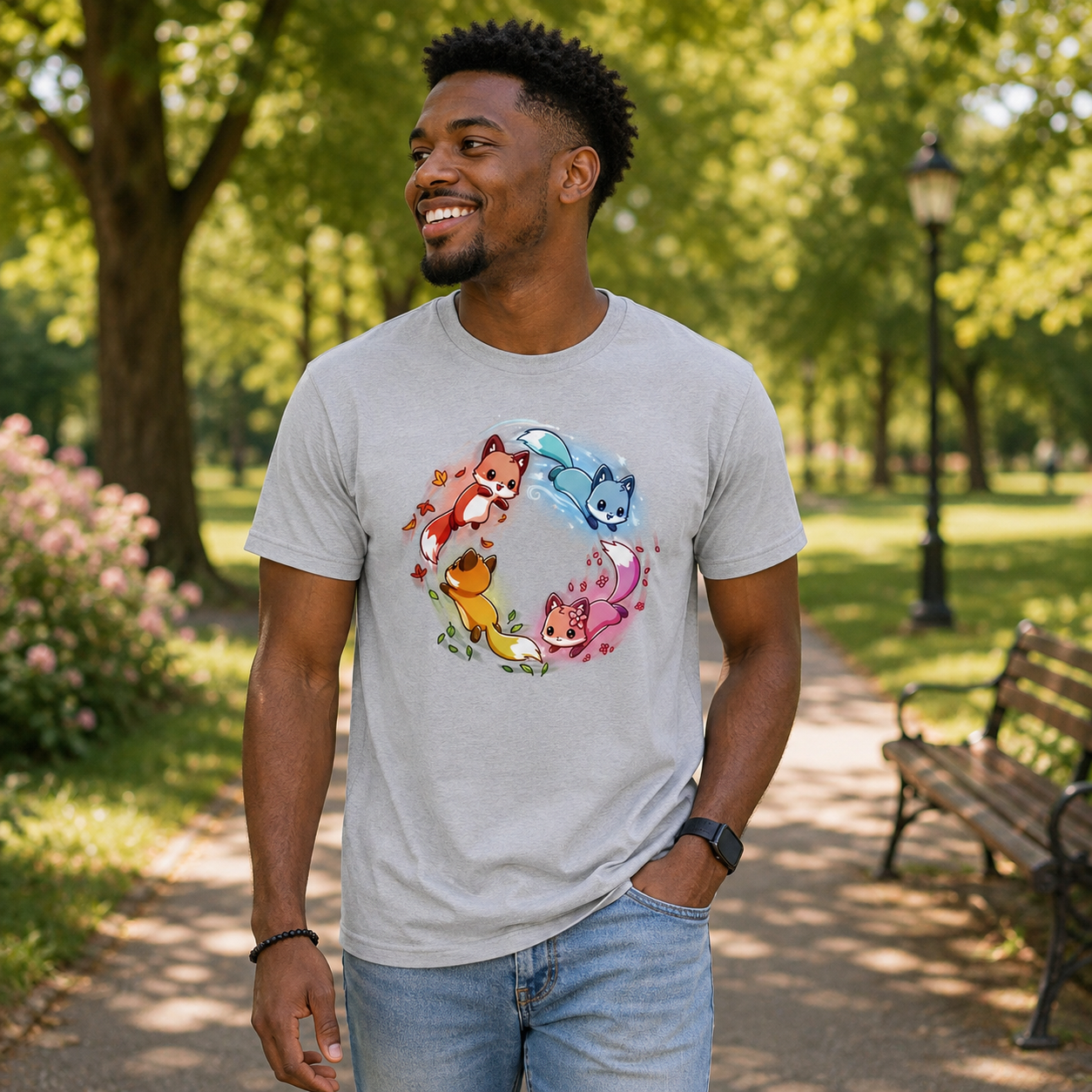Premium Cotton T-shirt_TeeTurtle silver gray Seasonal Foxes apparel featuring a pink spring fox, gold summer fox, orange autumn fox, and blue winter fox chasing each other in a circle.