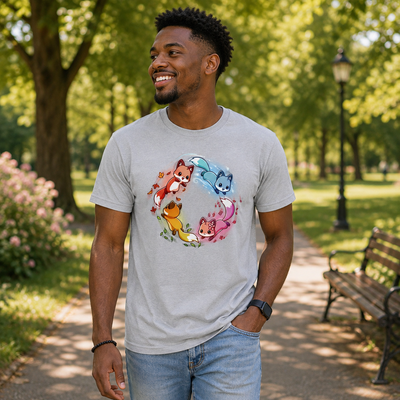 Men's Premium T-Shirt_TeeTurtle light gray Seasonal Foxes Men's Premium T-Shirt featuring four cute foxes in red, blue, pink, and orange arranged in a circle with seasonal leaves, flowers, water, and snow accents.
