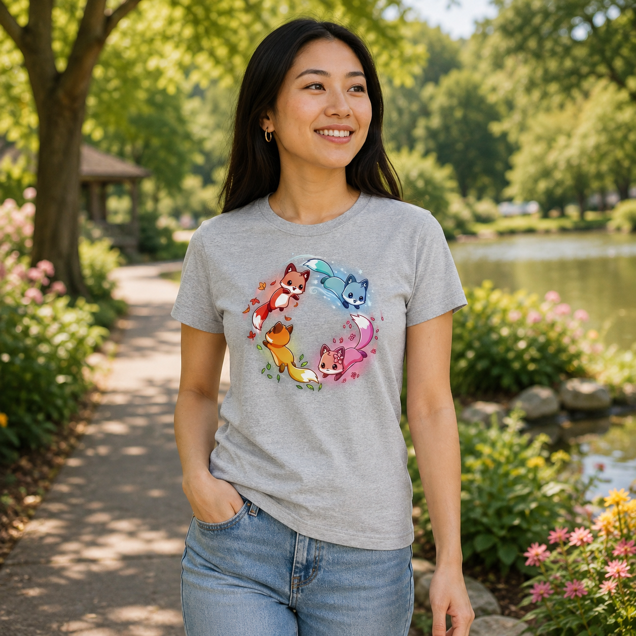 Premium Cotton T-shirt_TeeTurtle silver gray Seasonal Foxes apparel featuring a pink spring fox, gold summer fox, orange autumn fox, and blue winter fox chasing each other in a circle.