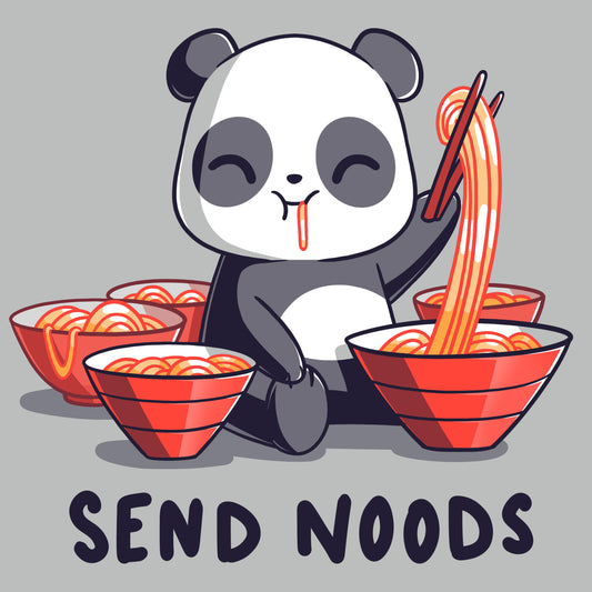 A TeeTurtle original T-shirt featuring a panda bear with chopsticks and bowls of noodles, perfect for Send Noods lovers.