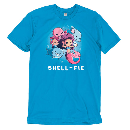 Shell-fie T-shirt by monsterdigital featuring a cartoon mermaid surrounded by sea animals, including a shark, dolphin, octopus, and fish. Made from super soft ringspun cotton for extra comfort.