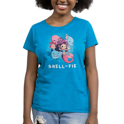 Premium Cotton T-shirt_TeeTurtle Shell-fie cobalt blue t-shirt featuring a mermaid takes a selfie underwater, surrounded by smiling sea creatures.