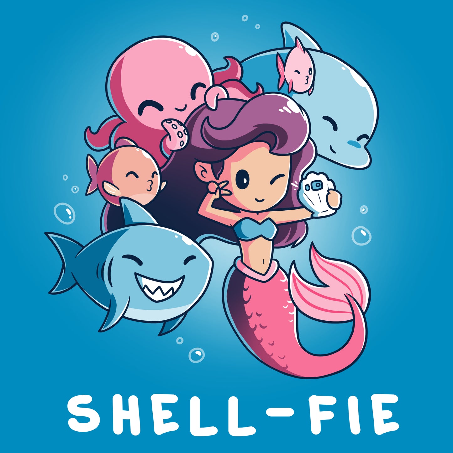 Premium Cotton T-shirt_TeeTurtle Shell-fie cobalt blue t-shirt featuring a mermaid takes a selfie underwater, surrounded by smiling sea creatures.