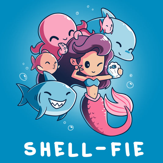 A cartoon mermaid takes a selfie underwater, surrounded by smiling sea creatures including a shark, dolphin, octopus, and fish. Text at the bottom reads 