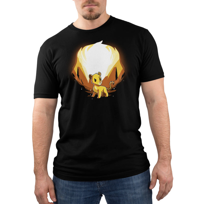 A man wearing a T-shirt with an image of Simba and Scar (Glow) from Disney.