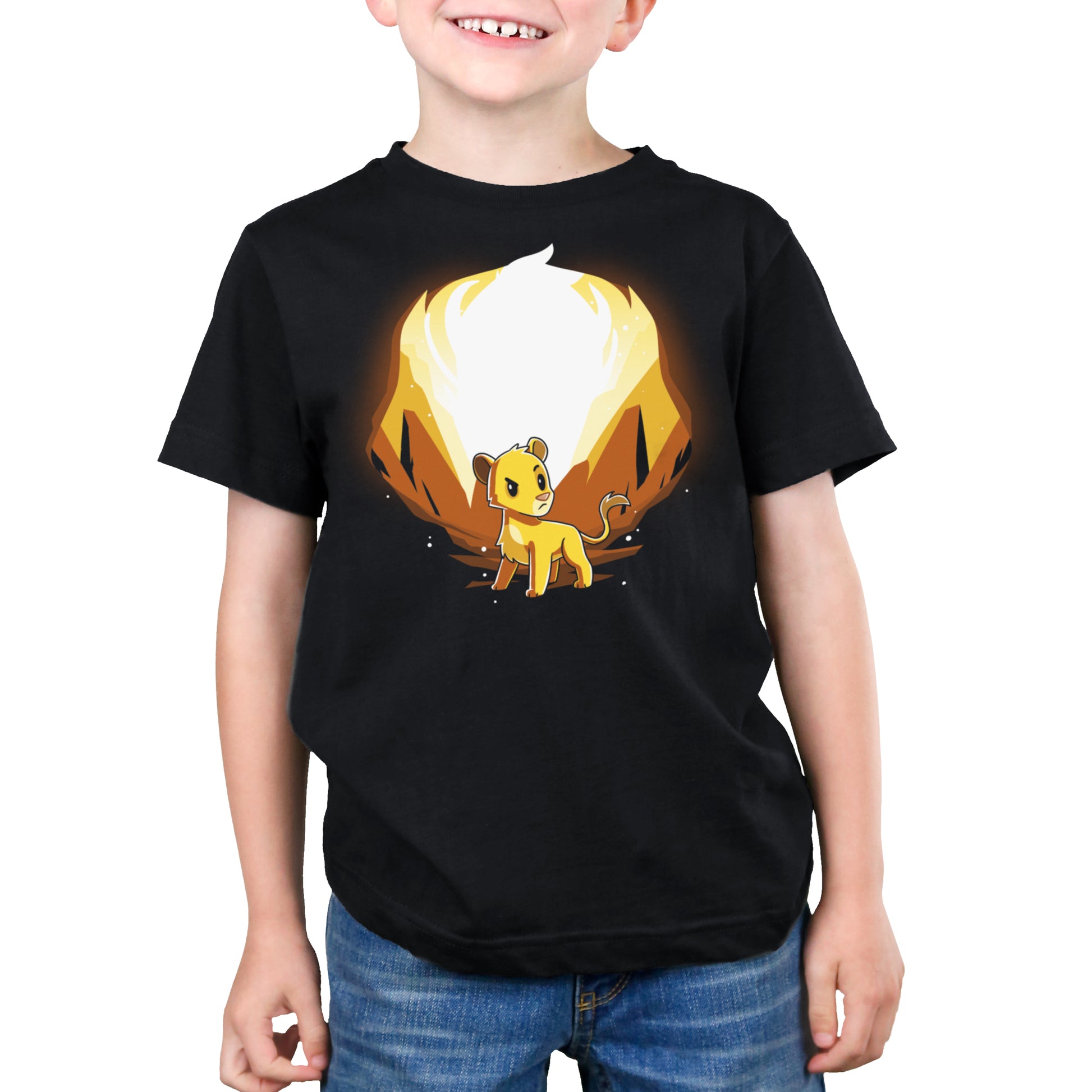 A young boy wearing a black t-shirt with an image of Simba and Scar (Glow), featuring Disney licensed products.