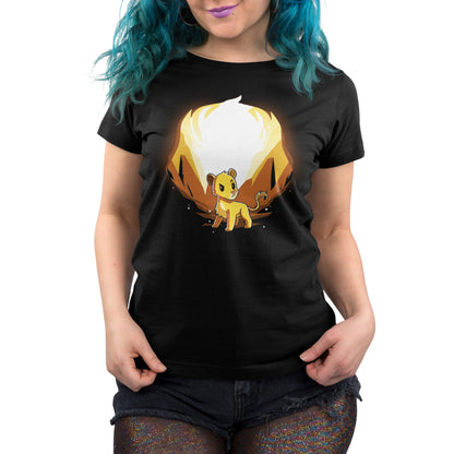A woman wearing a black t-shirt featuring an image of a Disney Officially Licensed Simba and Scar (Glow) Pokémon.
