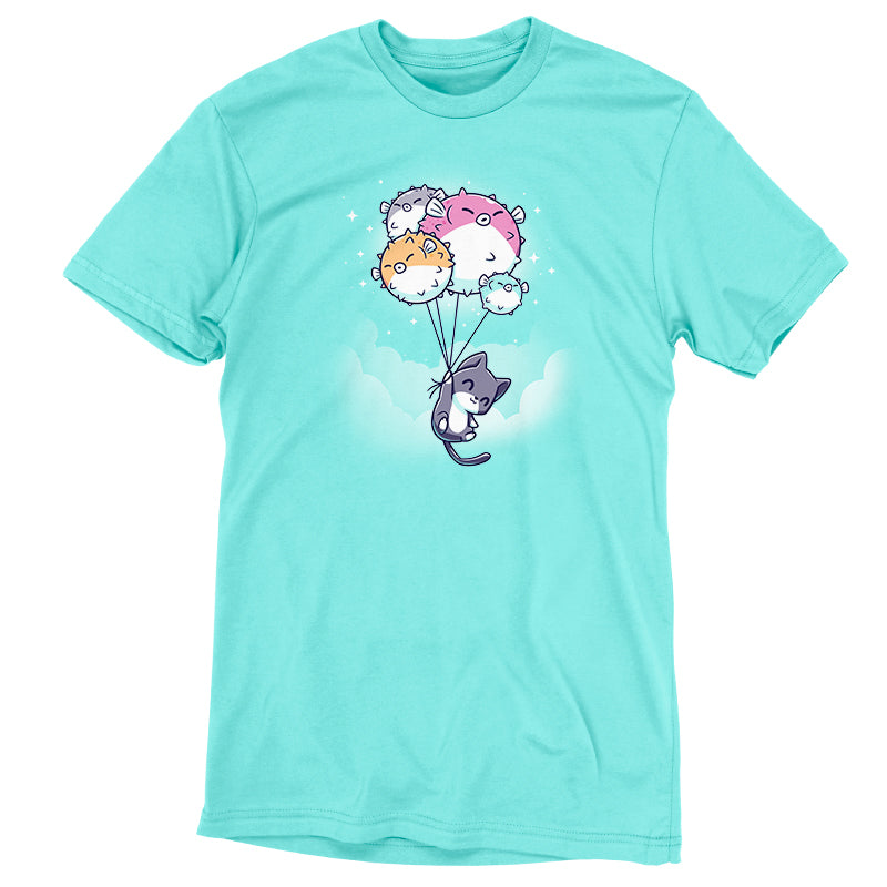 A Sky High T-shirt with a cat on a parachute by TeeTurtle.