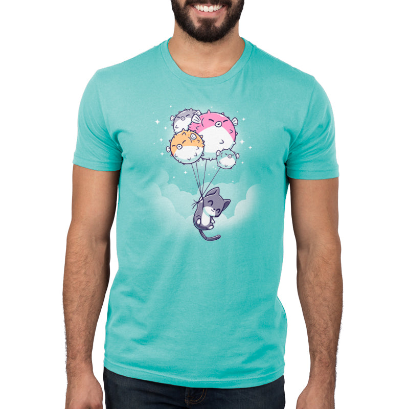 A Sky High t-shirt by TeeTurtle, made with super soft ringspun cotton and featuring an image of a cat holding balloons.