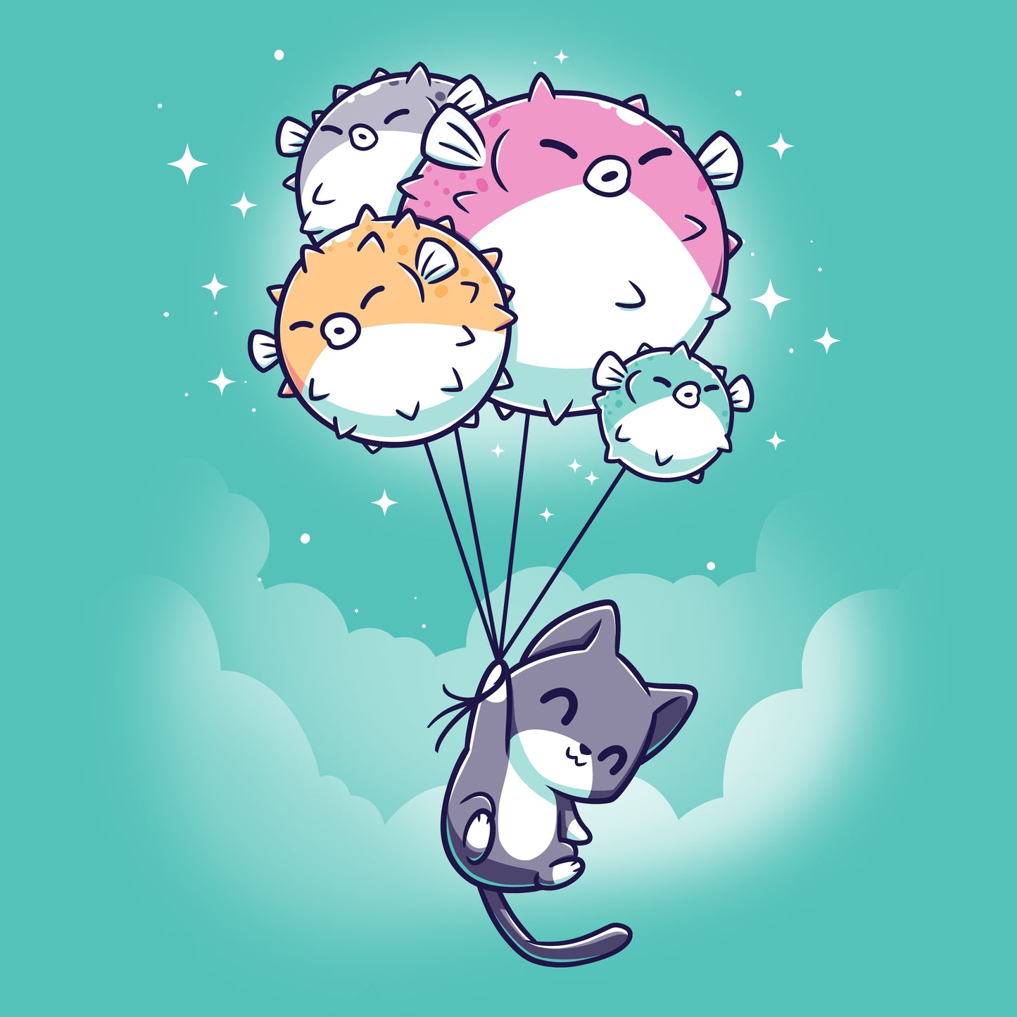 A TeeTurtle Sky High cat is flying in the air with a bunch of balloons.