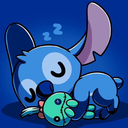 Disney characters Sleepy Stitch peacefully sleeping on a blue background, perfect for a T-shirt design. (Brand: Disney)