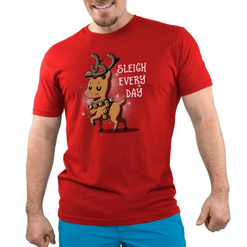 A man wearing a red T-shirt that says "Sleigh Every Day" by TeeTurtle.
