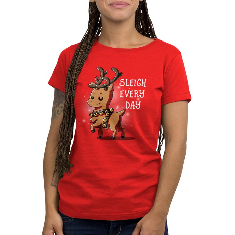 A women's t-shirt with a reindeer on it, in red - The Sleigh Every Day t-shirt by TeeTurtle.