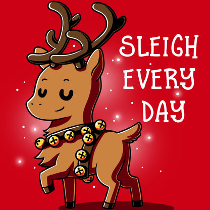 A cartoon reindeer wearing a red TeeTurtle T-shirt that says "Sleigh Every Day".