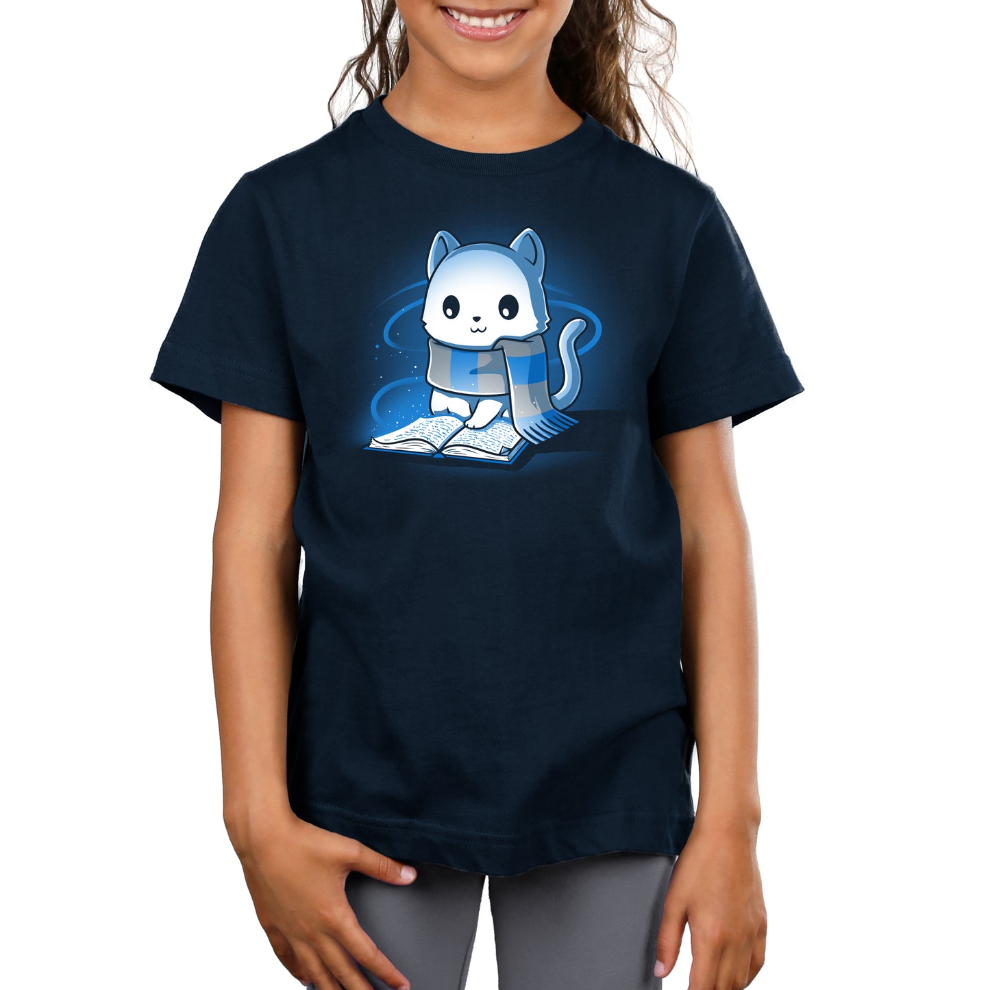 A girl wearing a tee with a Smart Kitty on it by TeeTurtle.