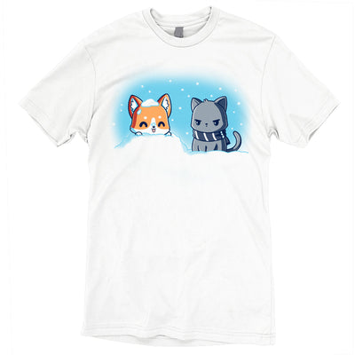 Premium Cotton T-shirt_Teeturtle white Snow Pals apparel featuring a happy puppy poking its head out of the snow with its tongue sticking out while an unamused cat in a scarf looks on.