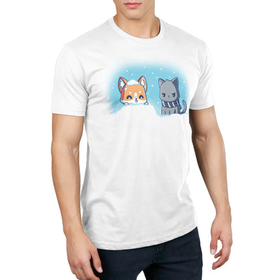 Premium Cotton T-shirt_Teeturtle white Snow Pals apparel featuring a happy puppy poking its head out of the snow with its tongue sticking out while an unamused cat in a scarf looks on.