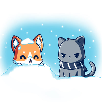 Premium Cotton T-shirt_Teeturtle white Snow Pals apparel featuring a happy puppy poking its head out of the snow with its tongue sticking out while an unamused cat in a scarf looks on.