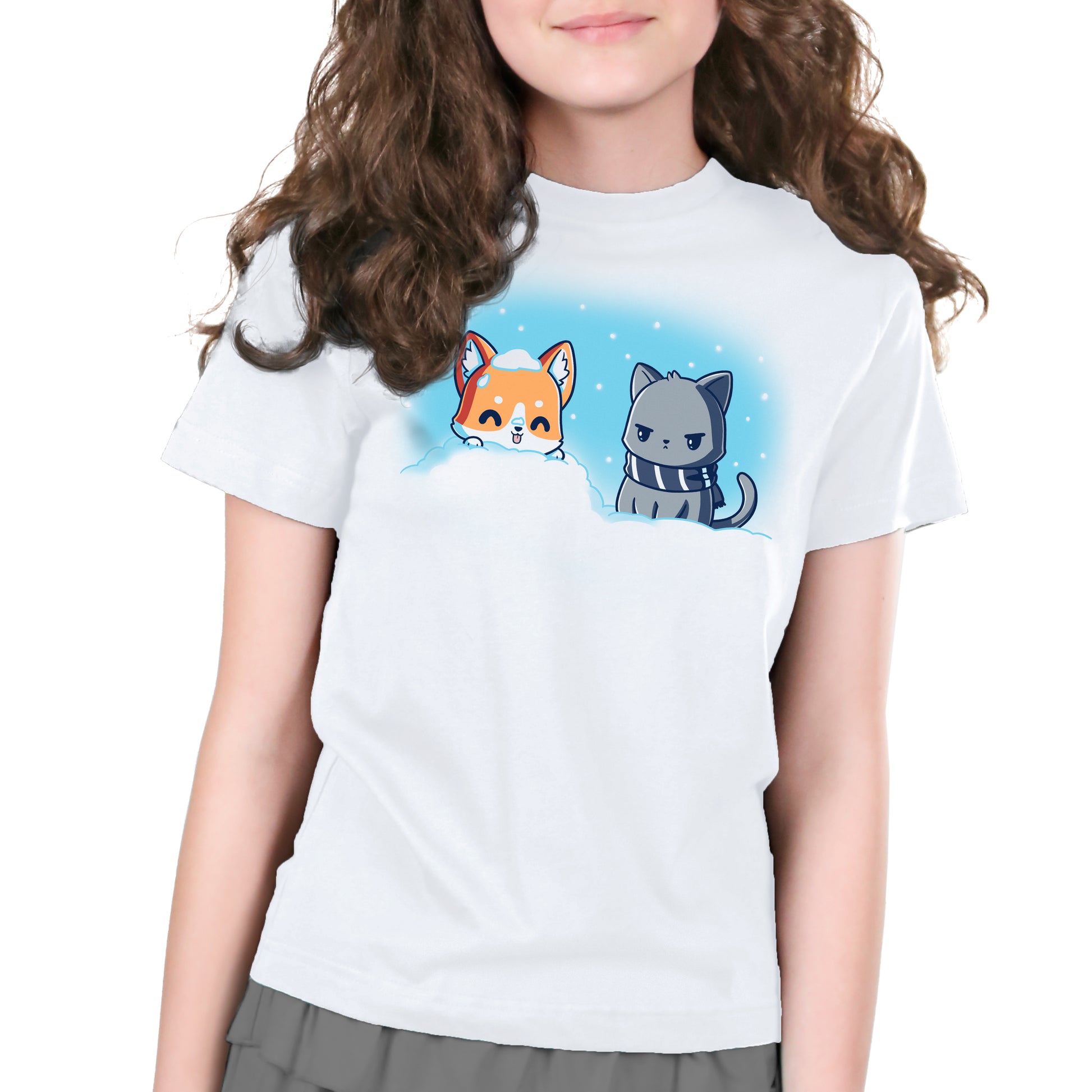 Premium Cotton T-shirt_Teeturtle Snow Pals White t-shirt featuring a puppy poking its head out of a snow mound with its tongue sticking out while an unamused cat in a striped woolen scarf looks on.