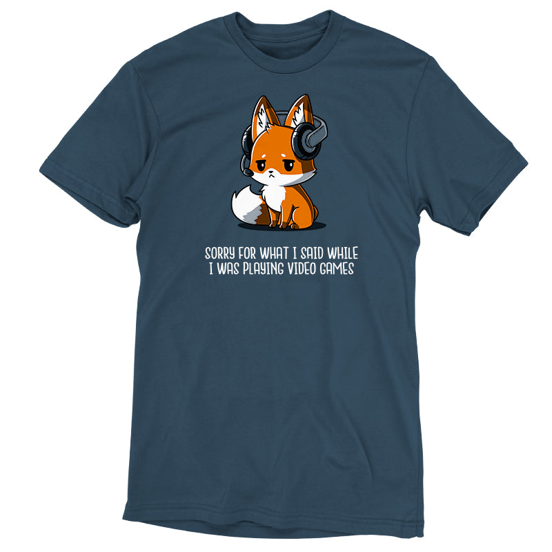 A fox wearing a denim blue t-shirt that says, "Sorry For What I Said." (Product Name: Sorry For What I Said, Brand Name: TeeTurtle )