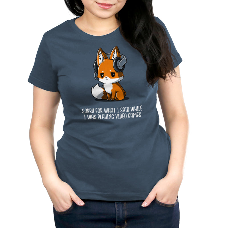 A Sorry For What I Said women's t-shirt featuring a fox on a denim blue background from TeeTurtle.