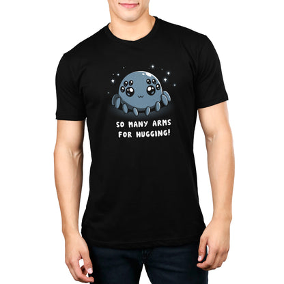 A man wearing a black t-shirt from TeeTurtle that reads so many apologies for snoring, giving TeeTurtle Spider Hugs.