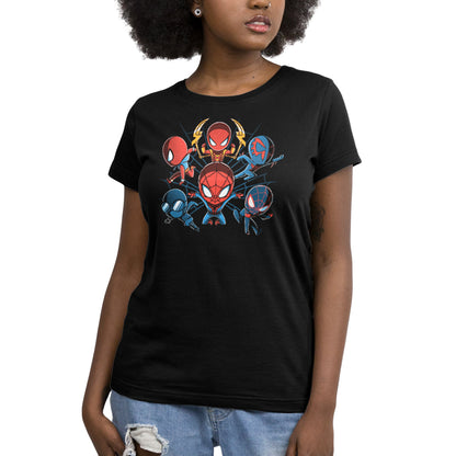 An officially licensed Marvel women's black t-shirt featuring Spider-Men characters.