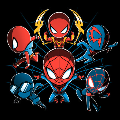 Officially licensed Marvel Spider-Men T-shirt featuring Spider-Man characters on a black background.