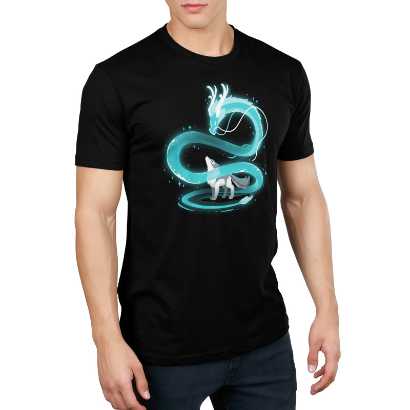 A man wearing a black t-shirt with a blue dragon on it and depicting the moon, showcasing the Spirit of the Moon by TeeTurtle.
