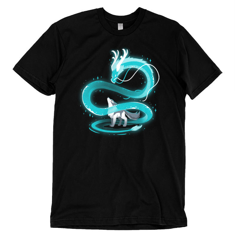 A black Spirit of the Moon t-shirt with a blue dragon on it by TeeTurtle.