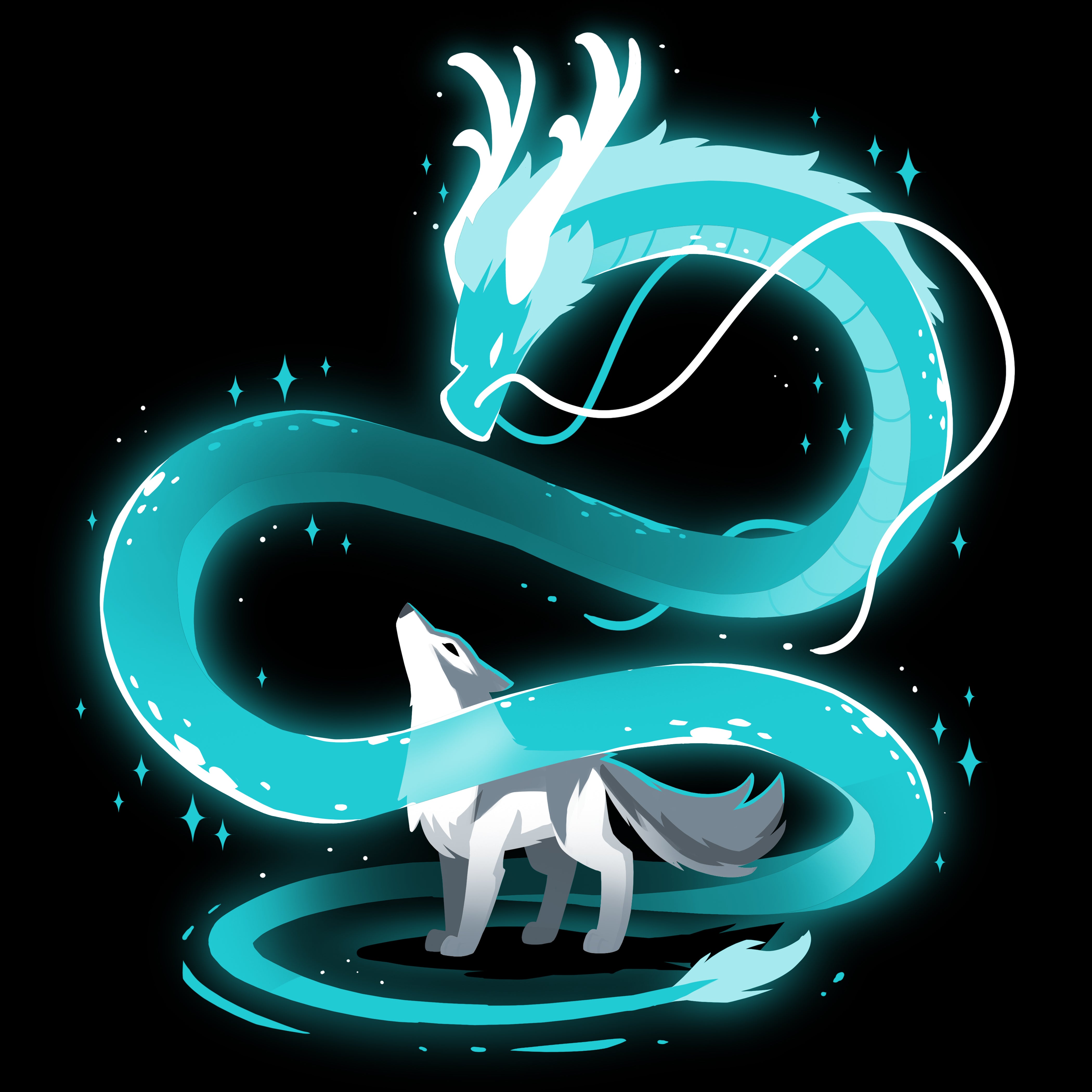 Premium Cotton T-shirt_A glowing blue dragon spirals above a gray wolf, who looks upward in a black background. Both creatures are enveloped in an ethereal light, creating a mystical Spirit of the Moon scene on this super soft ringspun cotton black apparel by monsterdigital.