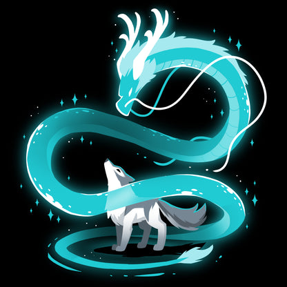 A blue Spirit of the Moon dragon and a Spirit of the Moon wolf standing next to each other on a moonlit night, brand by TeeTurtle.