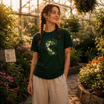 Premium Cotton T-shirt_TeeTurtle forest green Spirit of the Forest apparel featuring a kitsune fox in motion in shades of white and green, surrounded by flowers and leaves