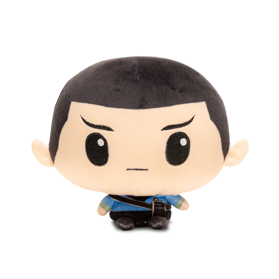 Front view of a Spock plush with short black hair, pointed Vulcan ears, a blue Starfleet uniform, and a small weighted body.