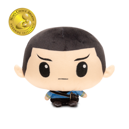 Spock plush with short black hair, pointed Vulcan ears, a blue Starfleet uniform, and embroidered facial features, shown against a white background.