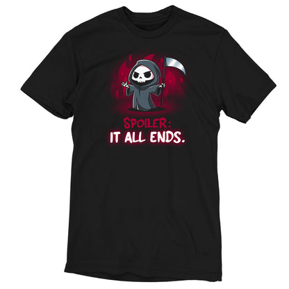 A TeeTurtle black t-shirt conveying existential dread with the text "Spoiler: It All Ends.