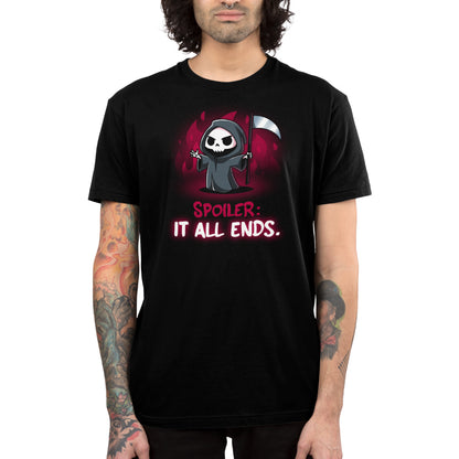 A black t-shirt with a skeleton and the words "Spoiler: It All Ends" from TeeTurtle.