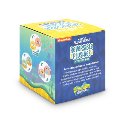 A yellow and blue box labeled "Plushiverse SpongeBob Reversible Plushie Mystery Box" from Nickelodeon features SpongeBob SquarePants-themed reversible plush toys, adding a delightful surprise element akin to plushie blind boxes.