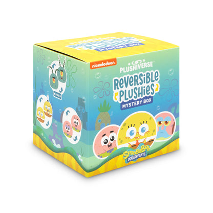 A square box with colorful graphics and text reading "Plushiverse SpongeBob Reversible Plushie Mystery Box" featuring Nickelodeon SpongeBob SquarePants characters.