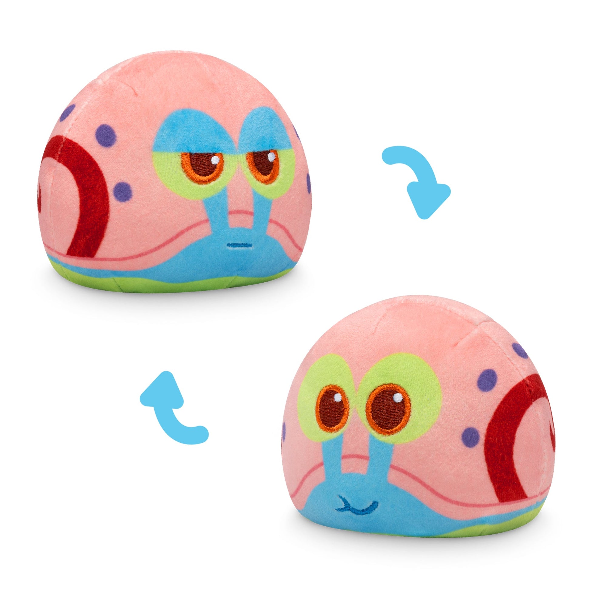 A cute reversible plush toy depicting a snail with two expressions: one side shows a serious face, the other side shows a happy face. This delightful Plushiverse SpongeBob Reversible Plushie Mystery Box by Nickelodeon adds fun to any mystery box collection or can be found in plushie blind boxes for an exciting surprise.