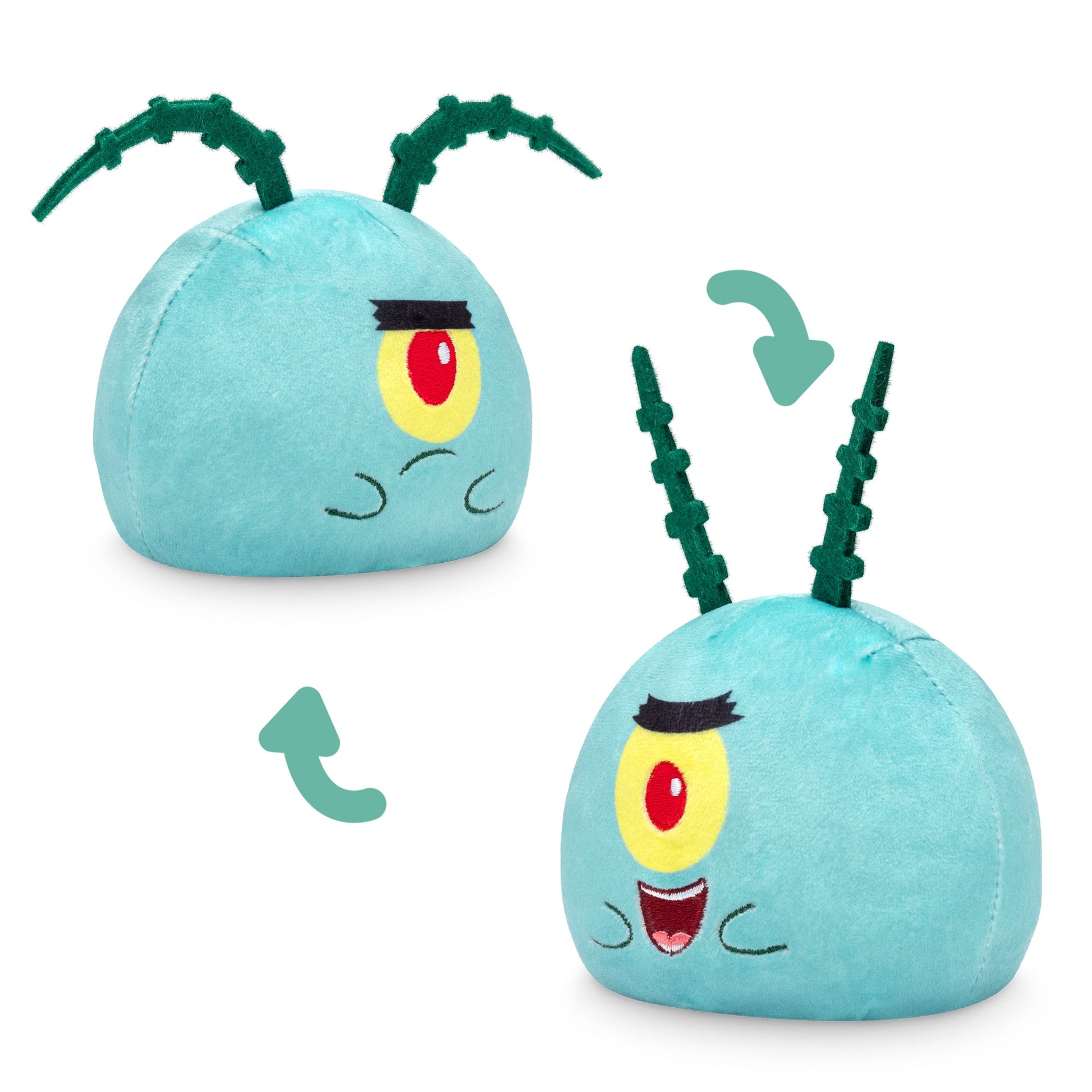 A plush toy with antennae shows two facial expressions: one side has a neutral look, and the other side has a smiling expression, much like a Plushiverse SpongeBob Reversible Plushie Mystery Box. Arrows indicate its reversible feature. Perfect for plushie blind boxes or as an intriguing mystery box item!