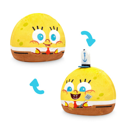 Two views of a yellow SpongeBob SquarePants plush toy. Top view shows his normal face, bottom view shows him with a fry cook hat and spatula. Blue arrows indicate the transformation. This Nickelodeon Plushiverse SpongeBob Reversible Plushie Mystery Box adds a fun twist to your mystery box collection!