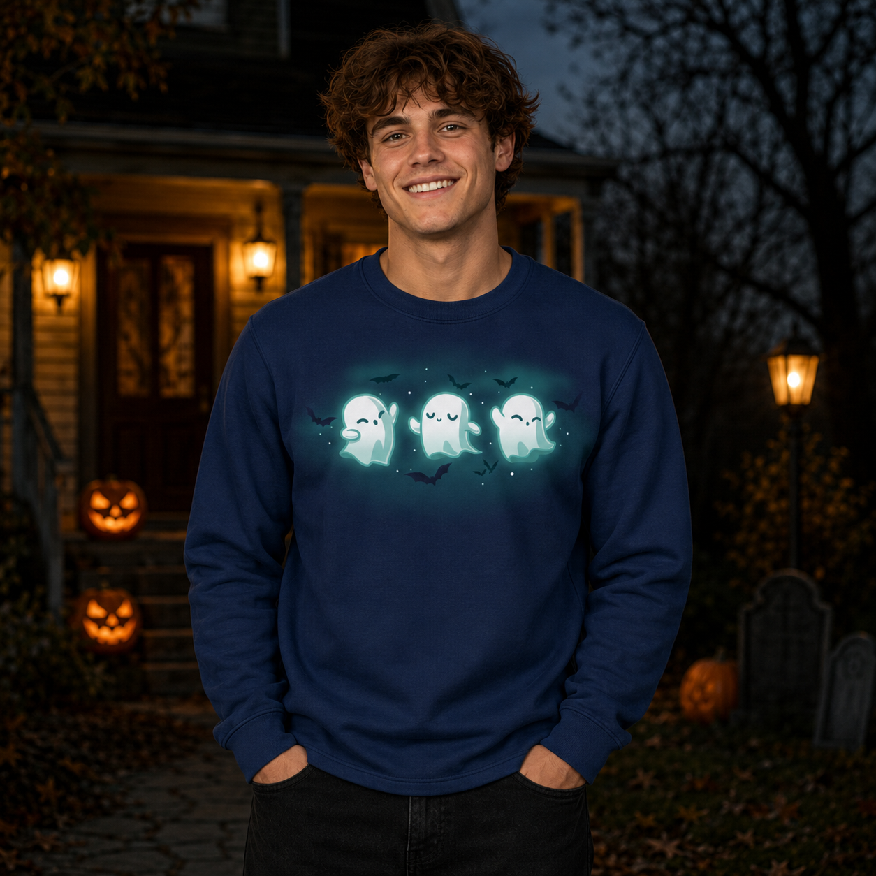 Crew Neck Sweatshirt_TeeTurtle navy Spooky Boo-gie Crew Neck Sweatshirt featuring three glowing white ghosts dancing together while black bats fly around them.