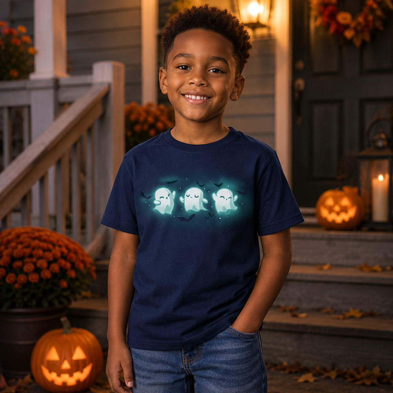 Kids' Classic T-shirt_TeeTurtle navy Spooky Boo-gie Kids' Classic T-shirt featuring three glowing white ghosts dancing together while black bats fly around them.