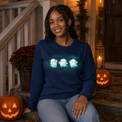 Long Sleeve T-shirt_TeeTurtle navy Spooky Boo-gie Long Sleeve T-shirt featuring three glowing white ghosts dancing together while black bats fly around them.